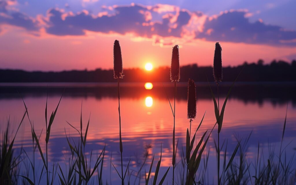 The fiery orb of the setting sun glows intensely behind silhouetted cattails at the water edge Free Photo