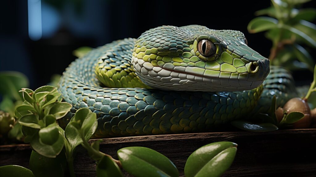 The green tree snake is curled up in a ball, looking at the middle of the green leaves Free Photo