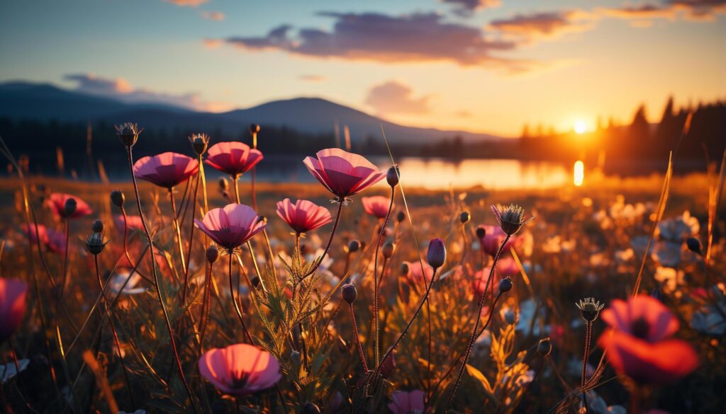 The vibrant sunset paints an idyllic meadow of wildflowers generated by AI Free Photo