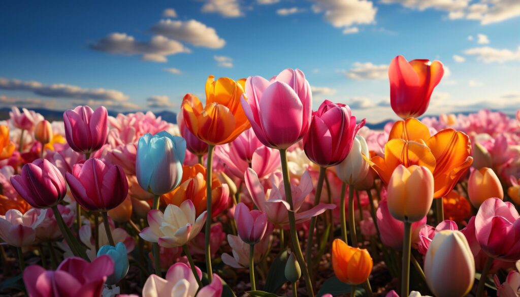 The vibrant tulip blossoms in nature multi colored bouquet generated by AI Free Photo