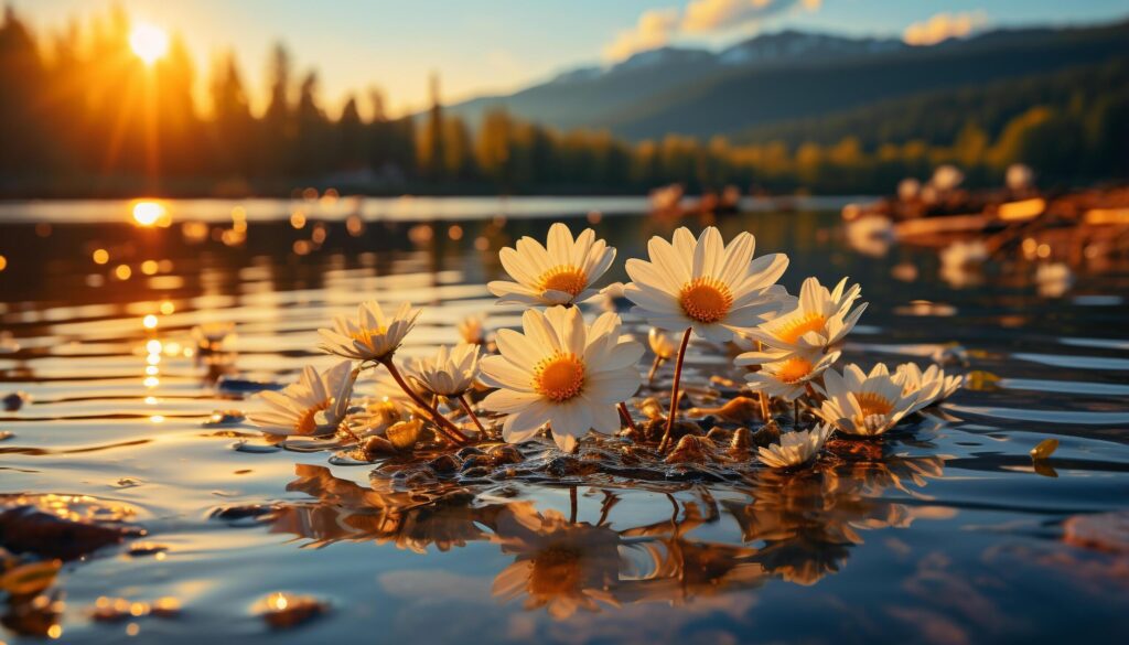 The vibrant yellow flower reflects in tranquil pond water generated by AI Free Photo