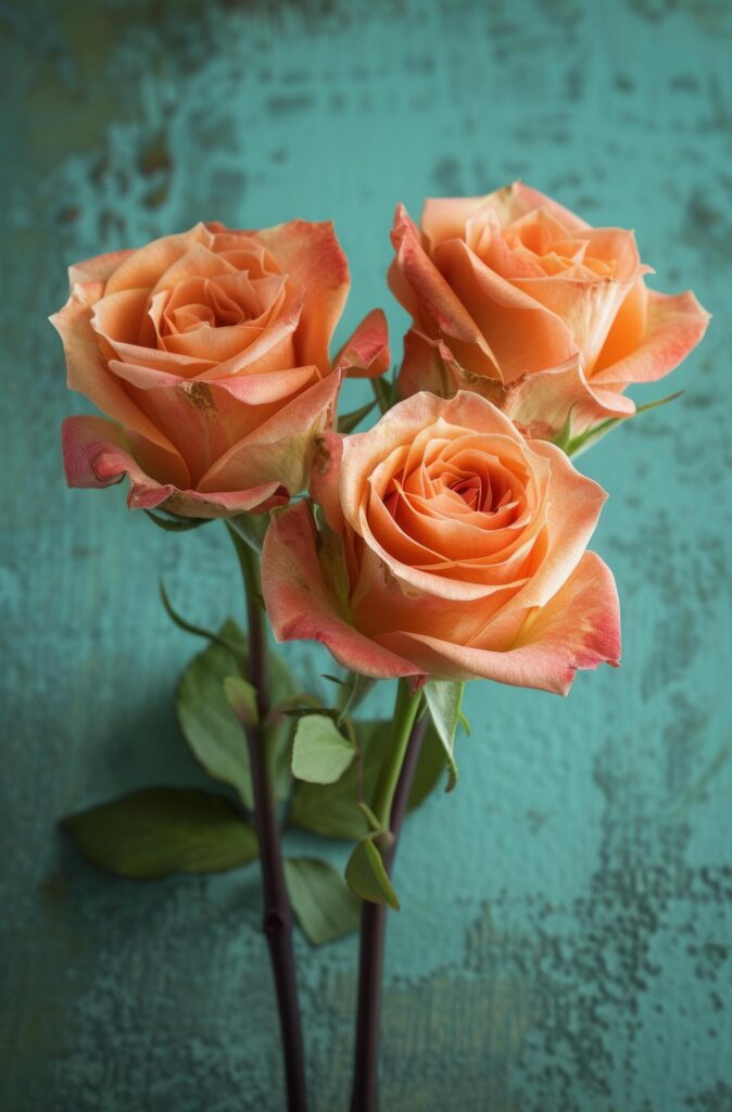 three orange roses sitting on a green surface Free Photo