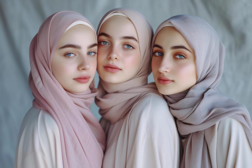 three young women in hijab poses for a photo in the style of light pink and light gray Free Photo