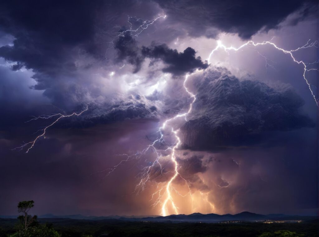 Thunderstorm, with intense lightning illuminating dark Free Photo