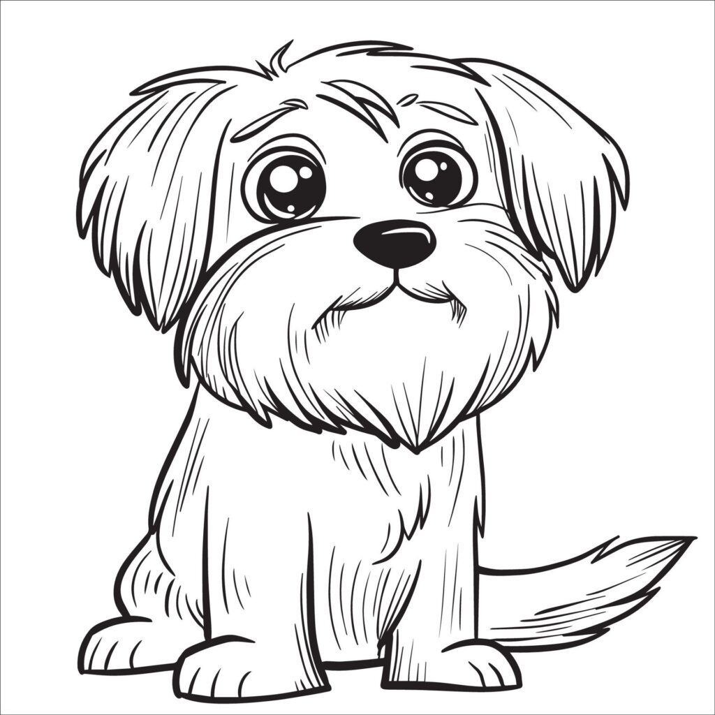 Tibetan Terrier Dog is a sitting vector illustration in black and white Free Vector