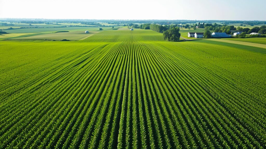 Top aerial view of green fields and meadows, landscape with lines of fields, grass, trees, indicating healthy crop growth. Ai Generated Free Photo