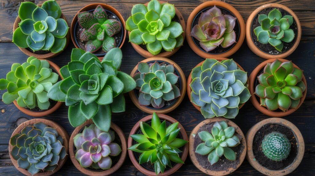 Top view showing various succulents growing on a wooden table in natural light. Free Photo