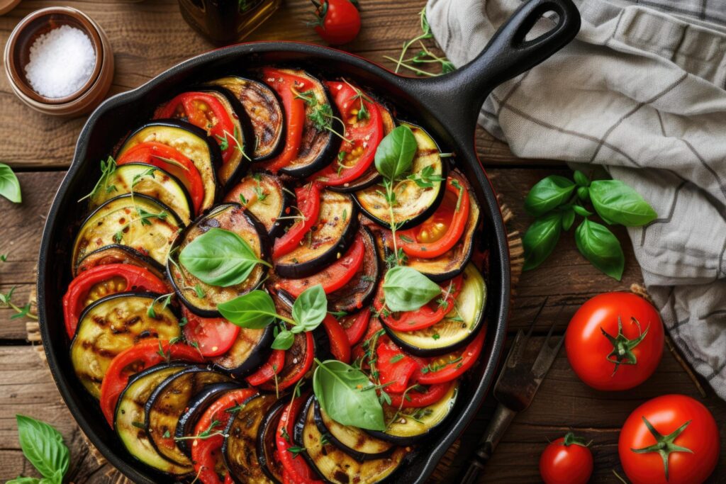 Traditional french Ratatouille with tomatoes, eggplant and zucchini, top view, copy space Free Photo