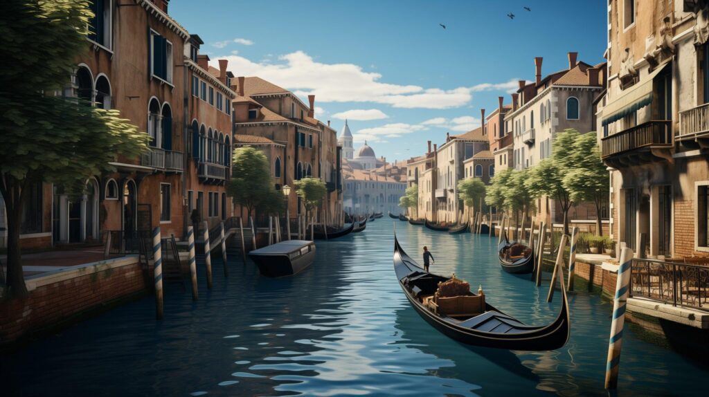 Traditional gondolas in venetian water canal in Venice. Beautiful turistic place. Travel. Gondolier carries tourists on gondola Grand Canal of Venice, Italy Free Photo