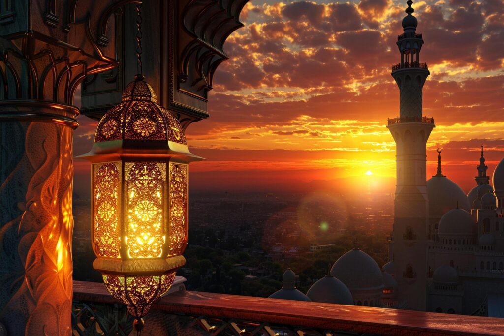 Traditional Lantern Over Sunset Cityscape with . Free Photo