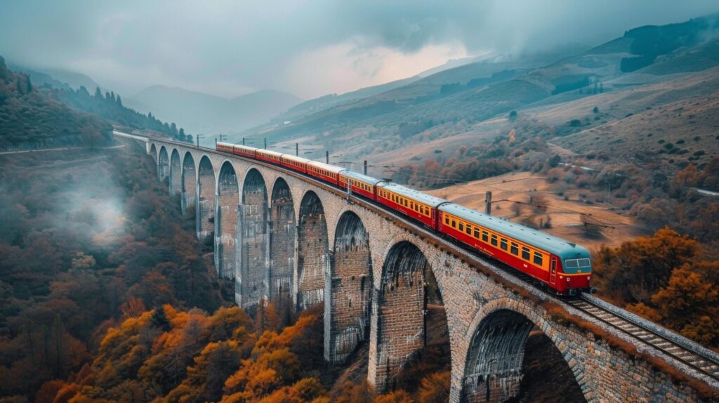 Train Crossing Bridge With Mountains in Background Free Photo