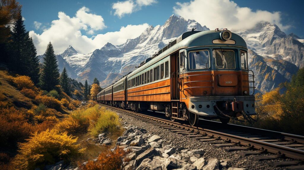 AI generated Train on the railroad, amazing mountain background Stock Free