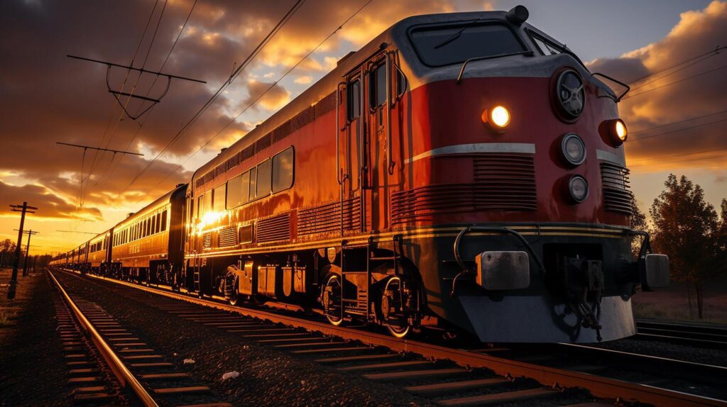 AI generated Train on the railroad, sunset background Stock Free