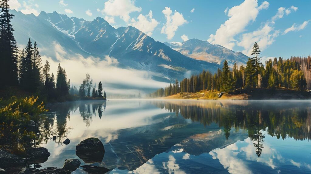 Tranquil Dawn Reflecting on a Mountain Lake Free Photo