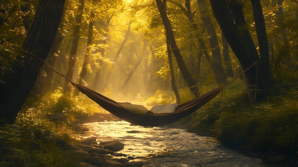 Tranquil Forest Clearing Golden Sunlight Gentle Stream Swaying Hammock Towering Trees Misty Ambiance for Quiet SelfReflection Free Photo