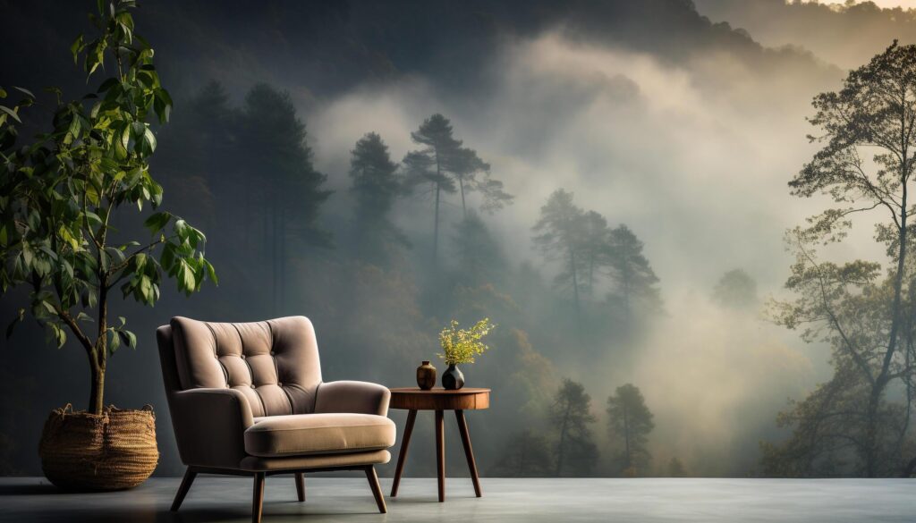 Tranquil forest landscape, sitting on modern chair indoors generated by AI Free Photo