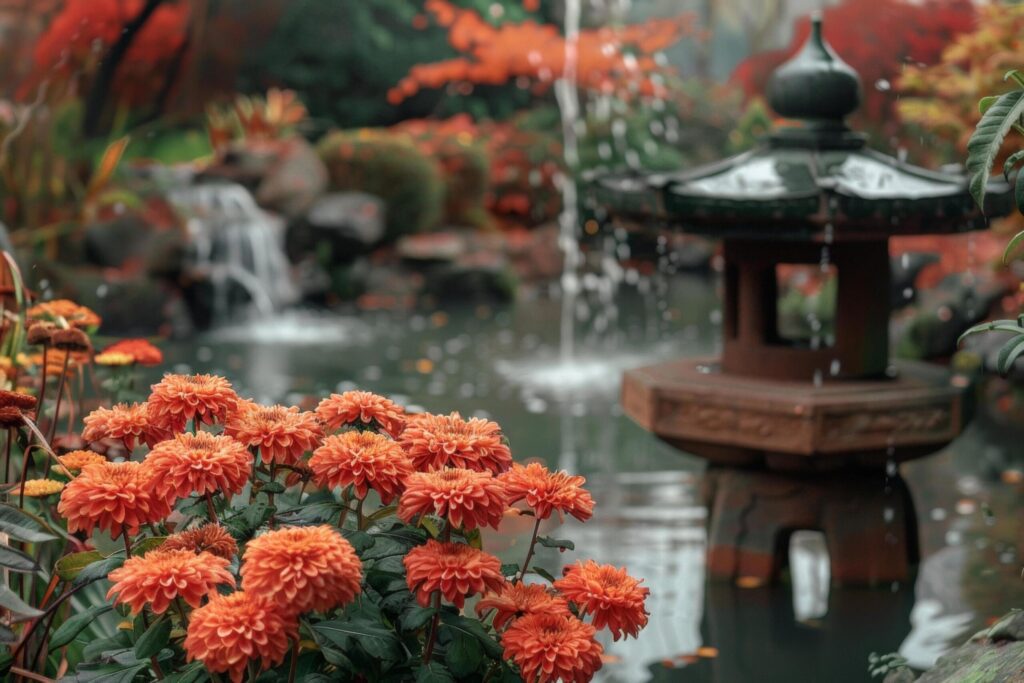 Tranquil Japanese Garden with Vibrant Orange Flowers Free Photo