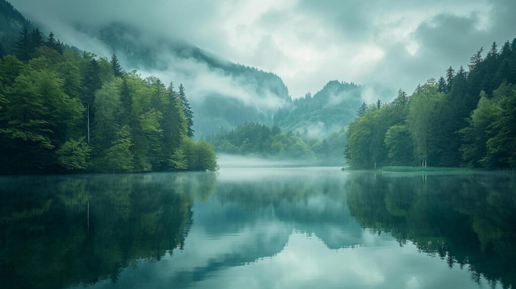 AI generated tranquil lake surrounded by dense forest with misty mountains in the background. The water in the lake is still, reflecting the surrounding landscape like mirror Ai Generated Free Photo