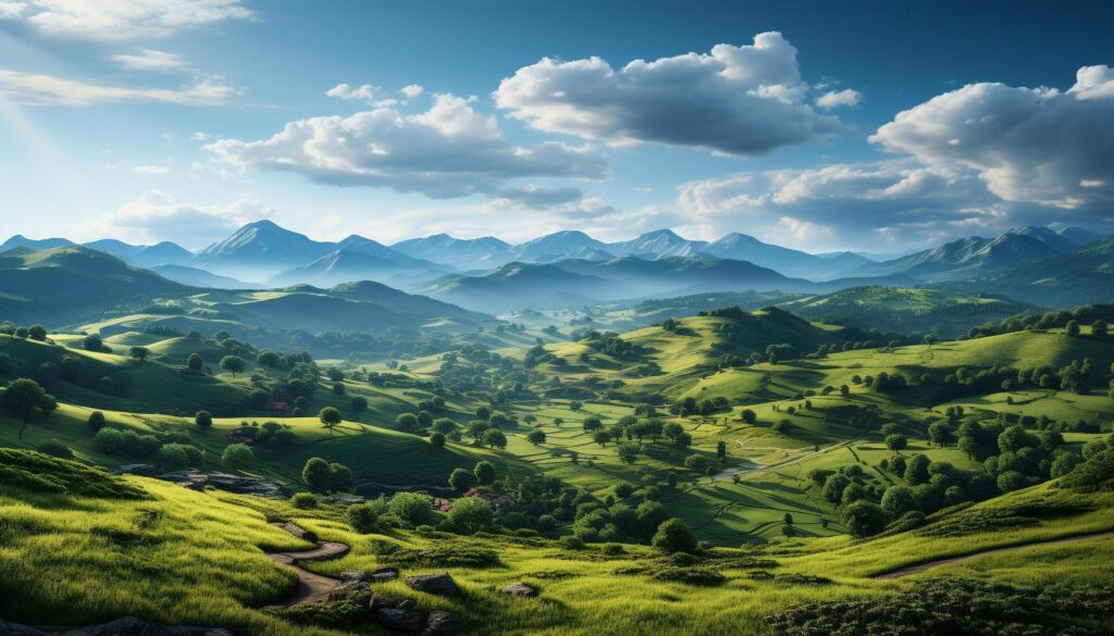 Tranquil meadow, green mountains, sunset nature breathtaking beauty generated by AI Free Photo