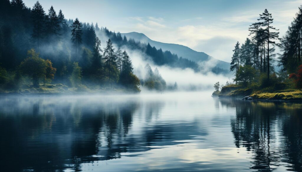 Tranquil scene autumn forest reflects majestic mountain range in pond generated by AI Free Photo