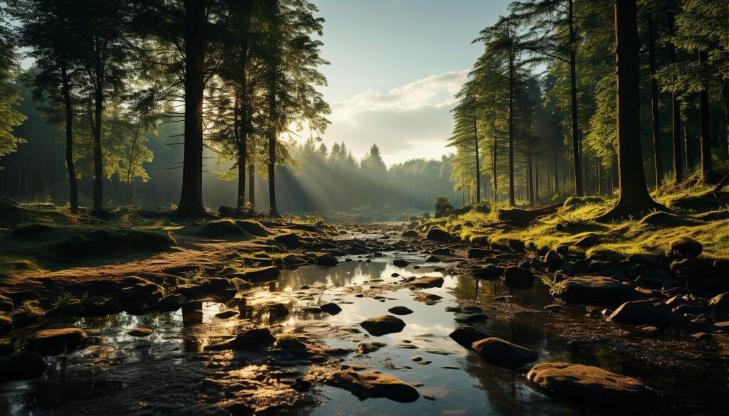 Tranquil scene autumn forest reflects on calm mountain pond generated by AI Free Photo