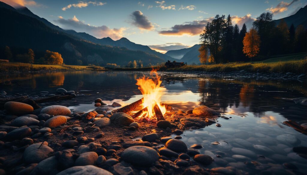 Tranquil scene campfire flame reflects on mountain tranquil water generated by AI Free Photo