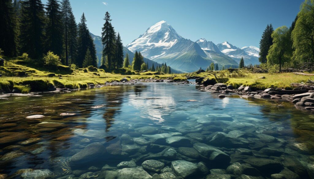 Tranquil scene majestic mountain peak reflects in blue pond generated by AI Free Photo