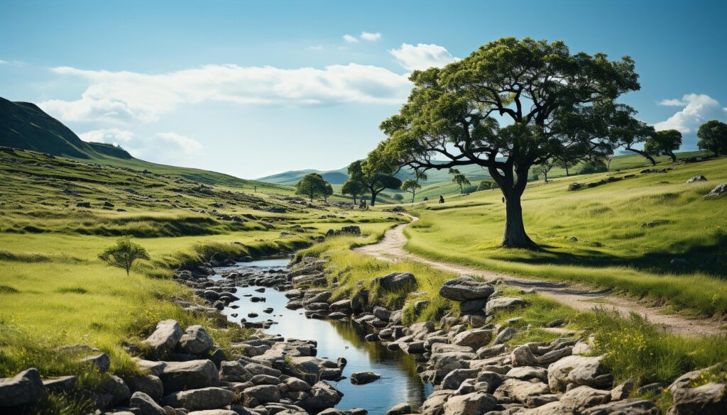 Tranquil scene mountain peak reflects in flowing water generated by AI Free Photo