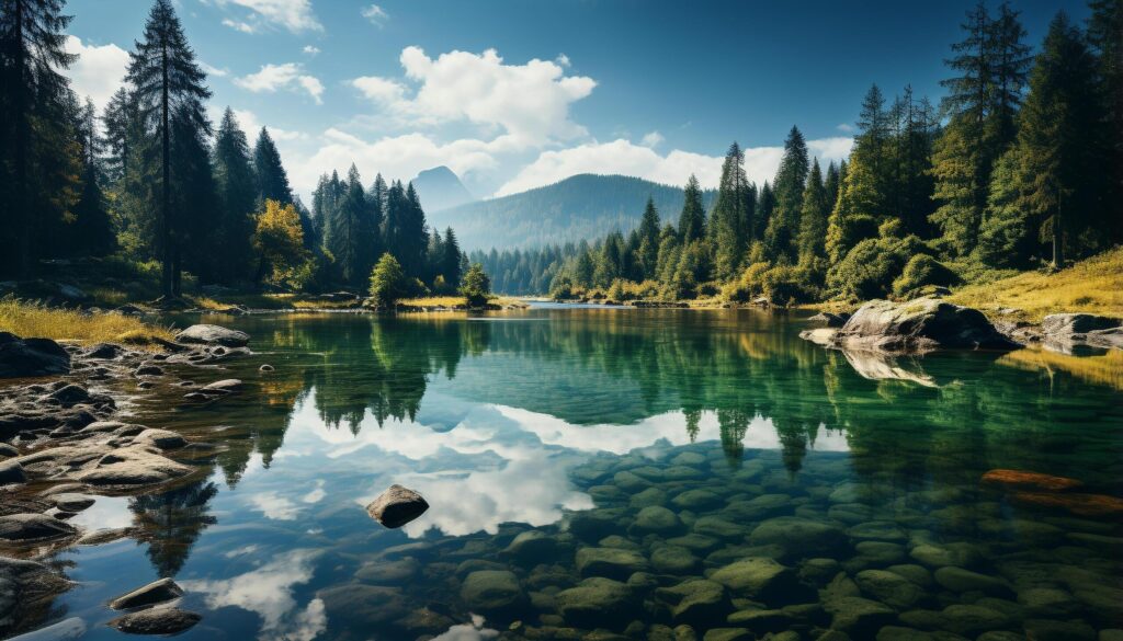 Tranquil scene of mountain peak reflected in serene mountain pond generated by AI Free Photo