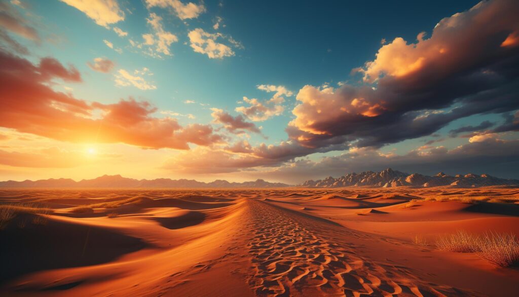 Tranquil scene sand dune, sunset, sky, ripples, golden beauty generated by AI Free Photo