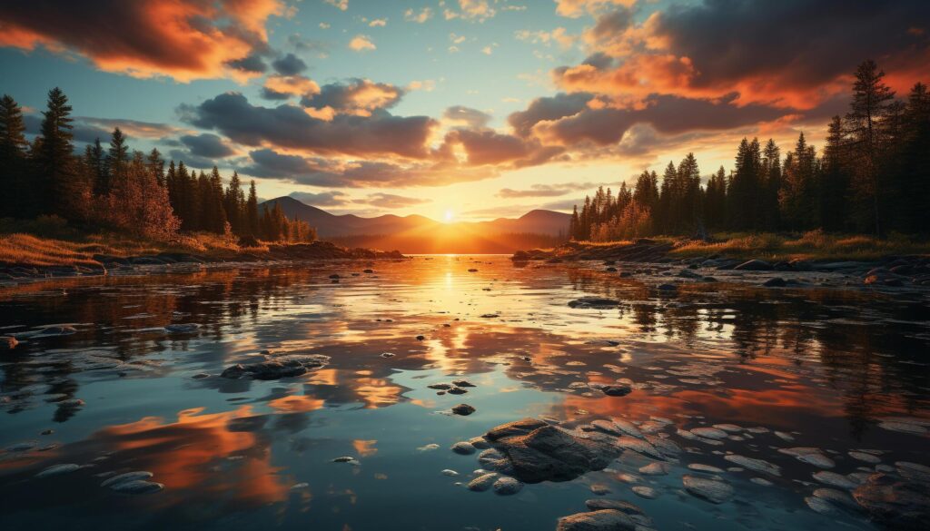 Tranquil scene sunset reflects on mountain, nature majestic beauty generated by AI Free Photo