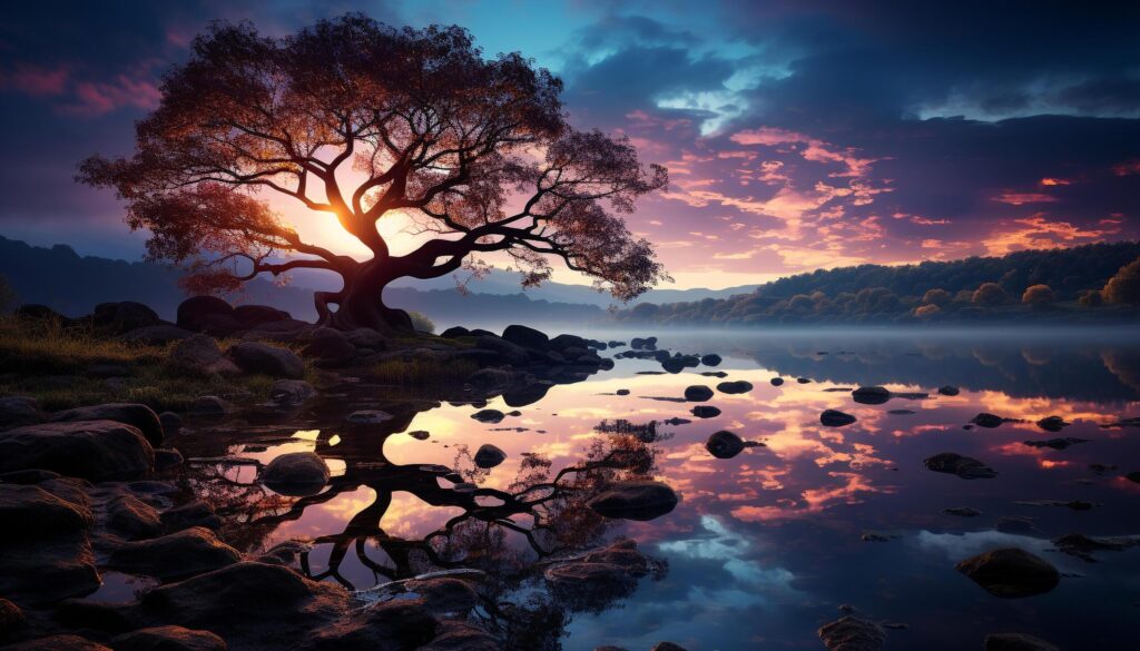 Tranquil scene sunset reflects on water, nature beauty generated by AI Free Photo