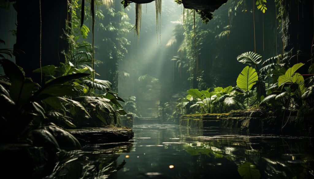 Tranquil scene tropical rainforest, water reflects green foliage generated by AI Free Photo