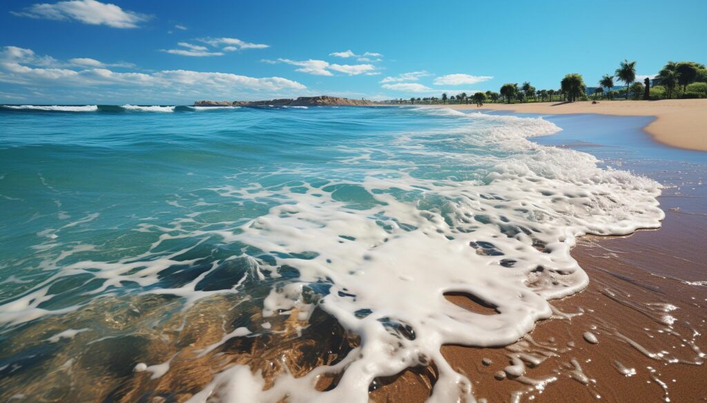 Tranquil seascape, blue water, sandy beach, summer vacation generated by AI Free Photo