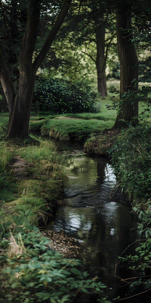 Tranquil Stream in Verdant Forest Free Photo