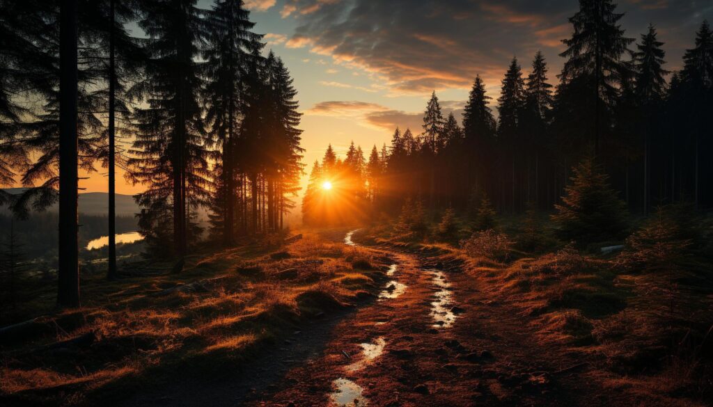 Tranquil sunset, nature beauty in a forest landscape generated by AI Free Photo