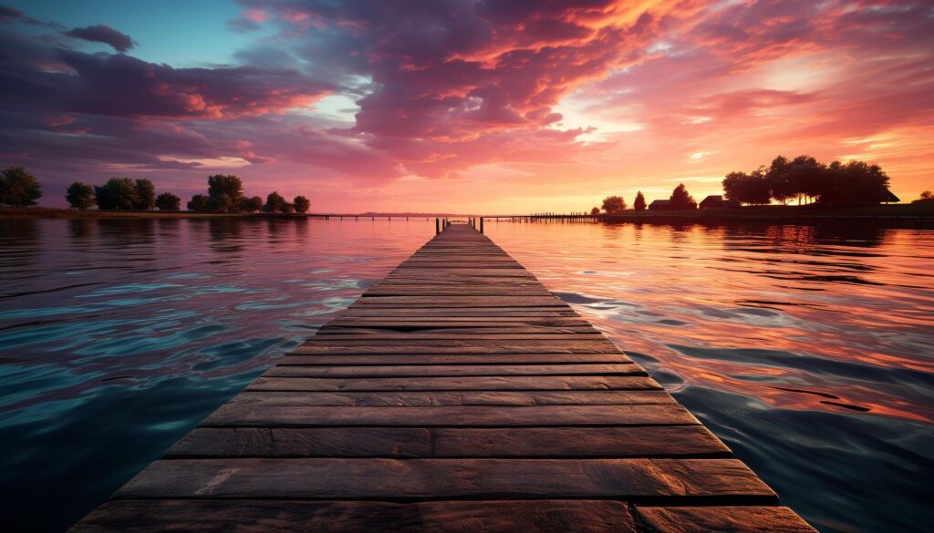 Tranquil sunset over water, wood reflects beauty in nature generated by AI Free Photo