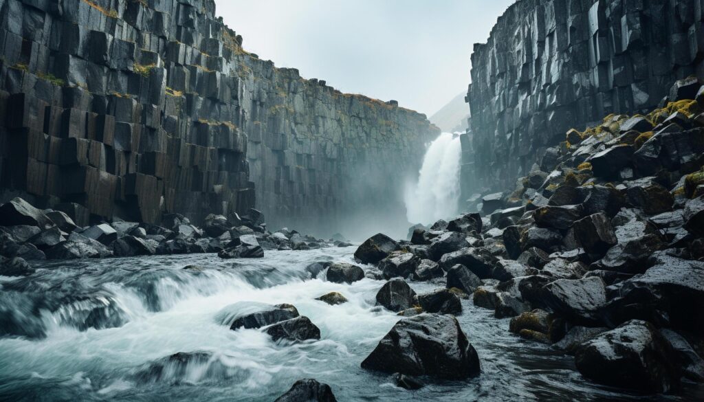 Tranquil sunset paints mysterious old mountain with flowing water generated by AI Free Photo