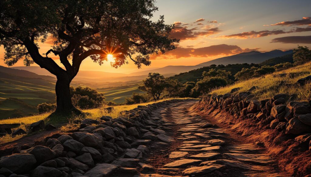 Tranquil sunset paints nature beauty on rural mountain landscape generated by AI Free Photo