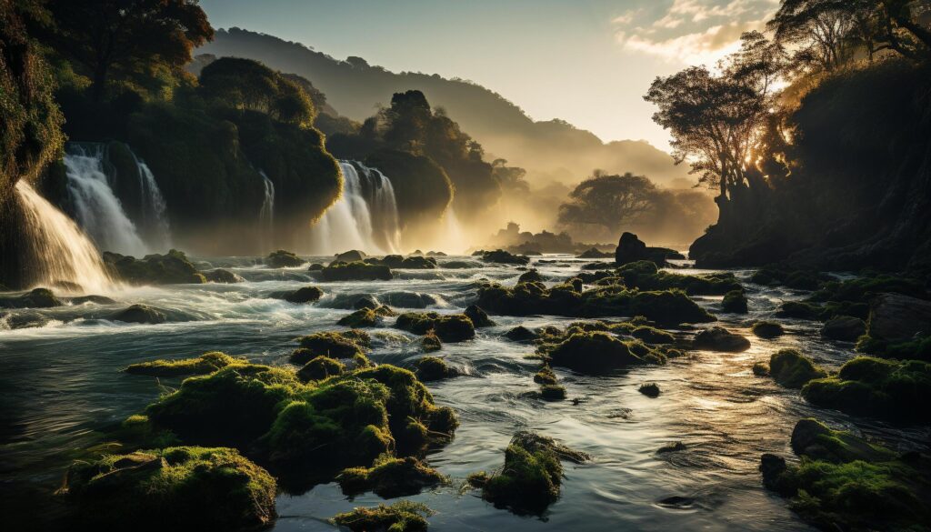 Tranquil sunset, reflecting nature beauty in flowing water generated by AI Free Photo