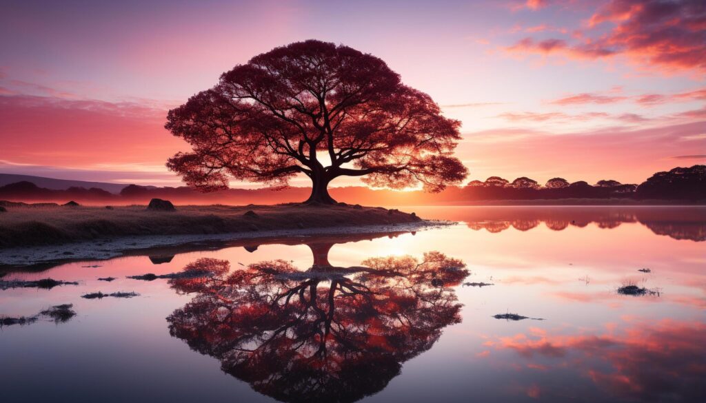 Tranquil sunset reflects on water, nature beauty in twilight generated by AI Free Photo