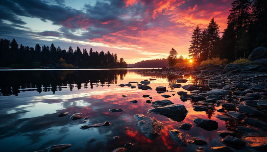 Tranquil sunset reflects on water, nature serene beauty generated by AI Free Photo