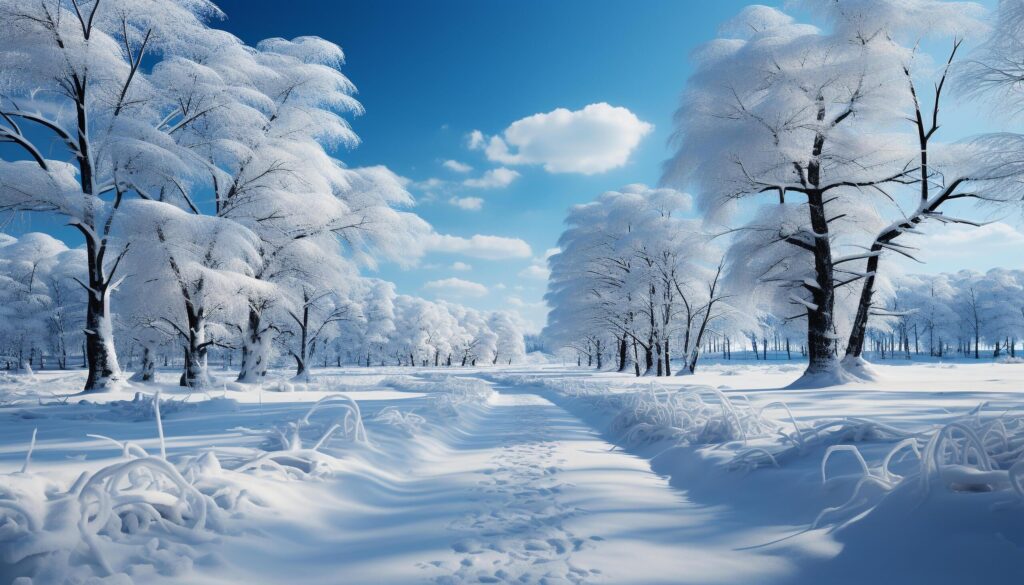 Tranquil winter landscape snow covered forest, frozen tree, blue sky generated by AI Free Photo