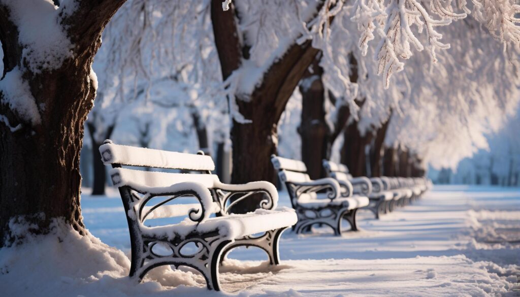 Tranquil winter landscape snow covered tree, frozen bench, peaceful forest generated by AI Free Photo