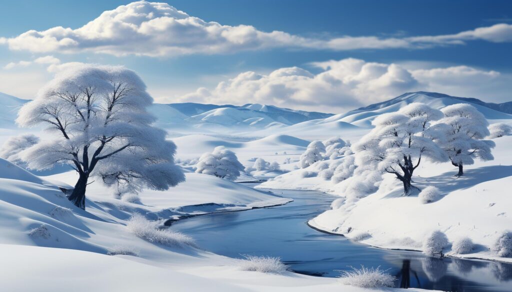 Tranquil winter landscape snowy forest, blue sky, frozen mountain peak generated by AI Free Photo