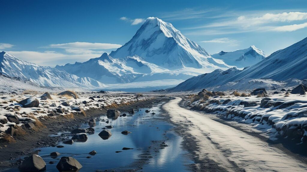 AI generated Travel to Iceland. road in a bright sunny mountain landscape. Vatna volcano covered with snow and ice on tne background Stock Free