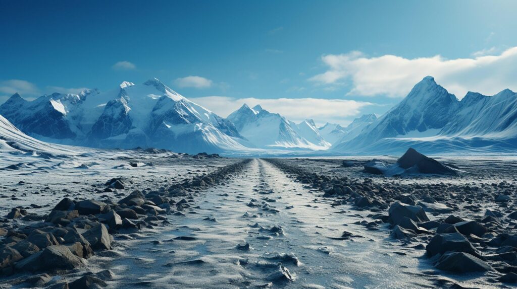 Travel to Iceland. road in a bright sunny mountain landscape. Vatna volcano covered with snow and ice on tne background Free Photo