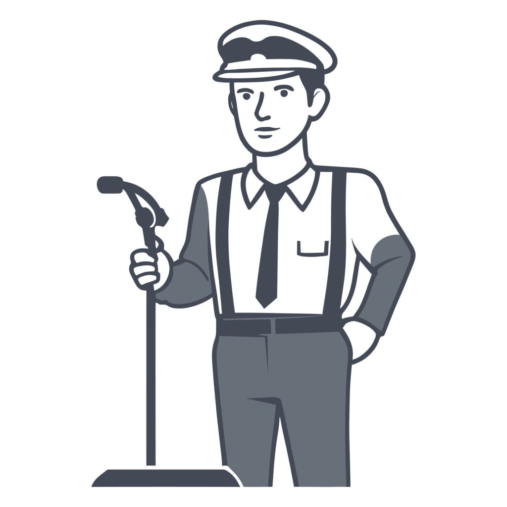 Tribune speaker man wearing cap with microphone icon. Public speaking symbol. Conference glyph pictogram vector illustration. Free Vector