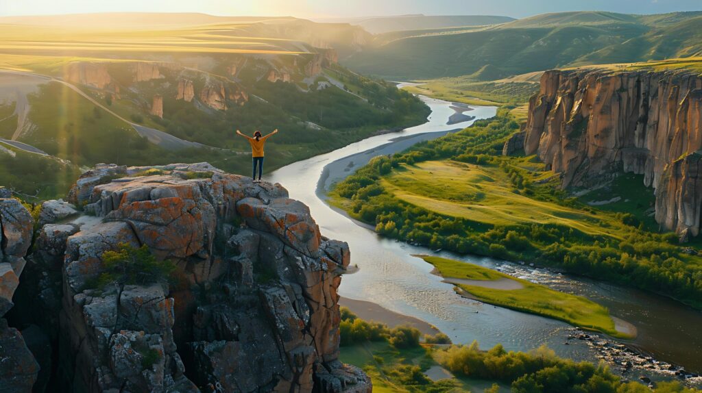 Triumphant Woman Embraces Sunlight on Cliff Overlooking Vast Green Valley and River Free Photo