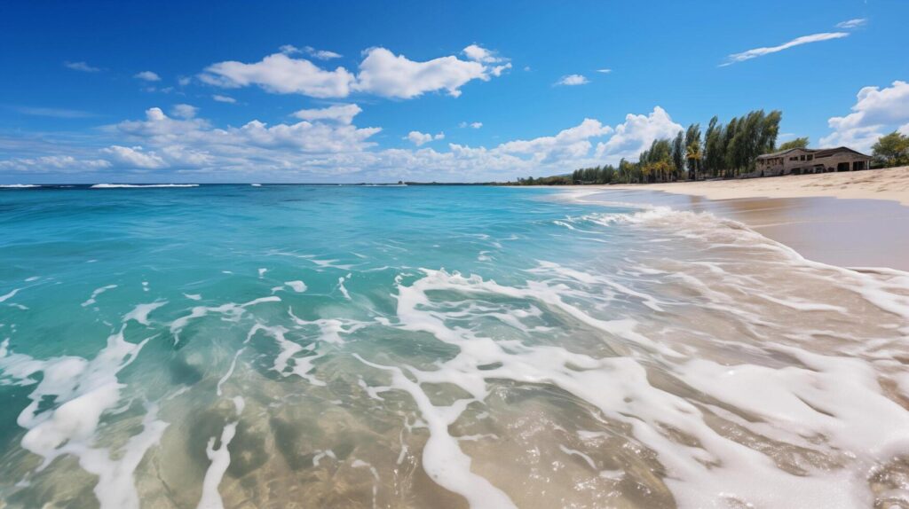 AI generated Tropical paradise beach with white sand and blue sea water travel tourism wide panorama background concept. Idyllic beach landscape, soft waves, peaceful nature scenery Stock Free